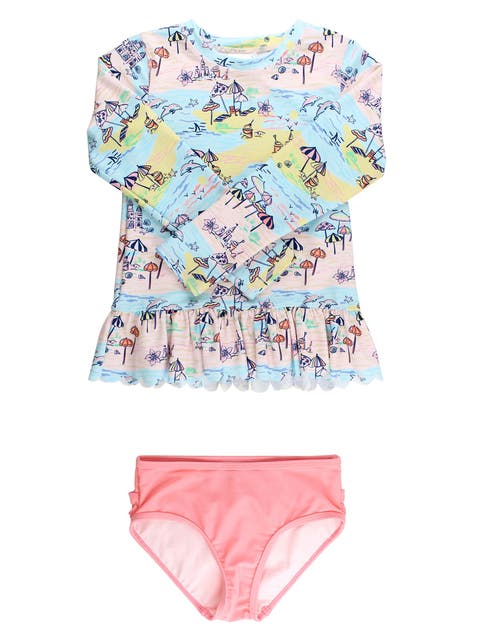 Girls UPF50+ Sun Protected Scallop Hem Long Sleeve Rash Guard Bikini