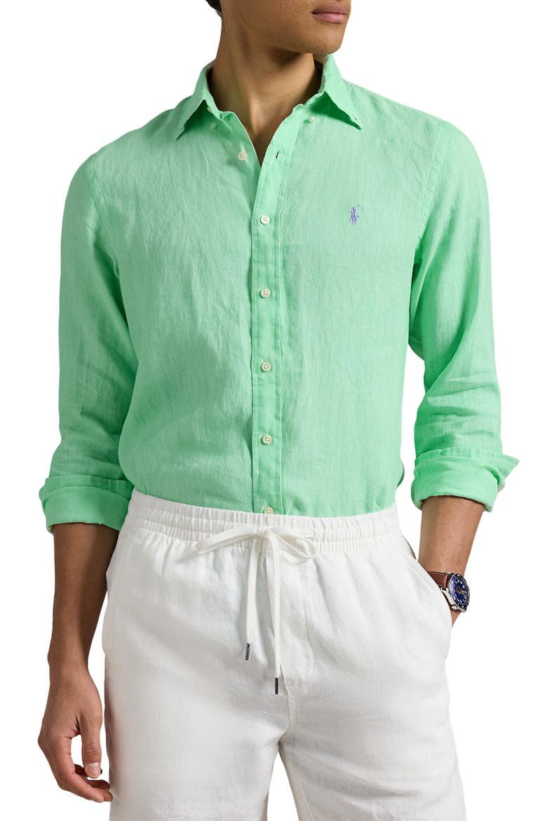 Classic Fit Solid Green Linen Button-Down Shirt, Main, color, AQUA VERDE