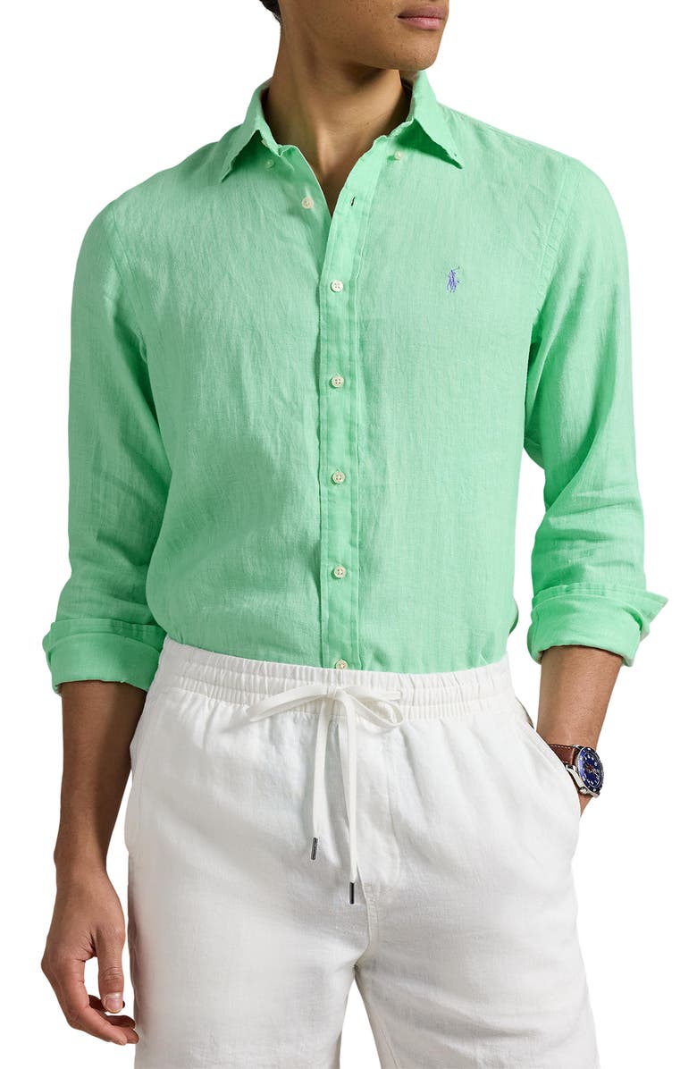 Polo Ralph Lauren Classic Fit Solid Green Linen Button-Down Shirt, Main, color,