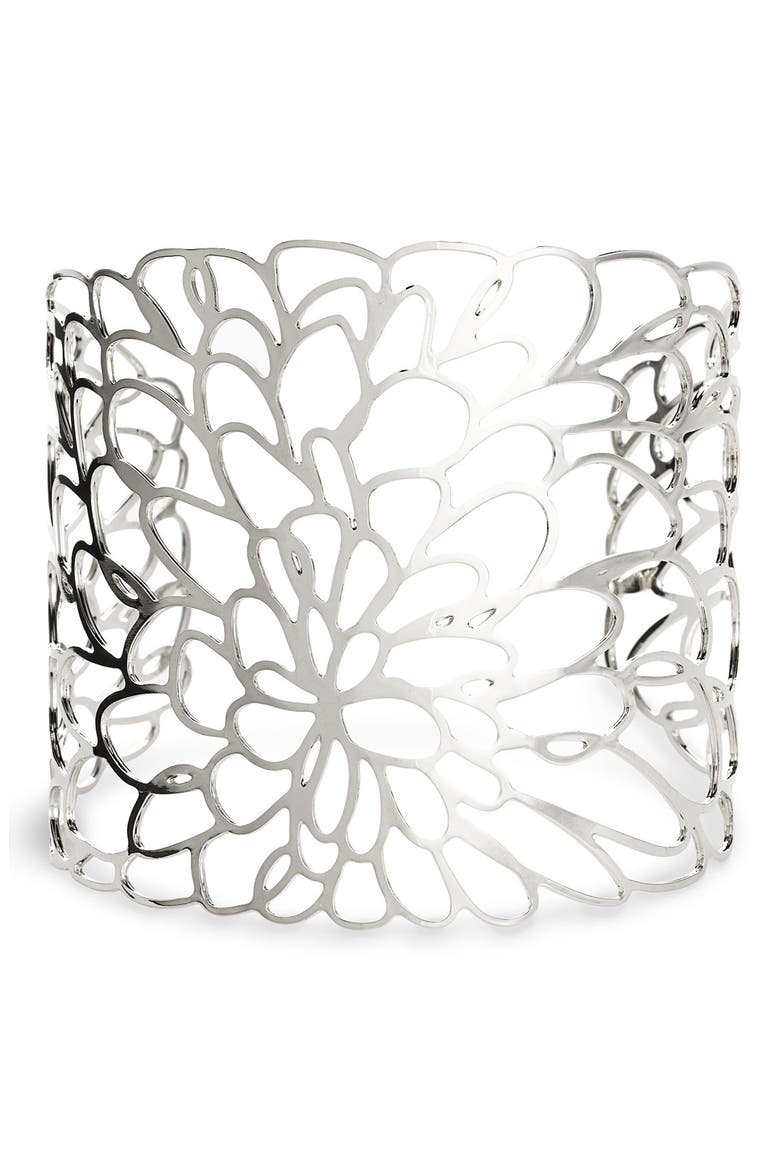 'Etchings' Floral Cutout Cuff, Main, color, SILVER