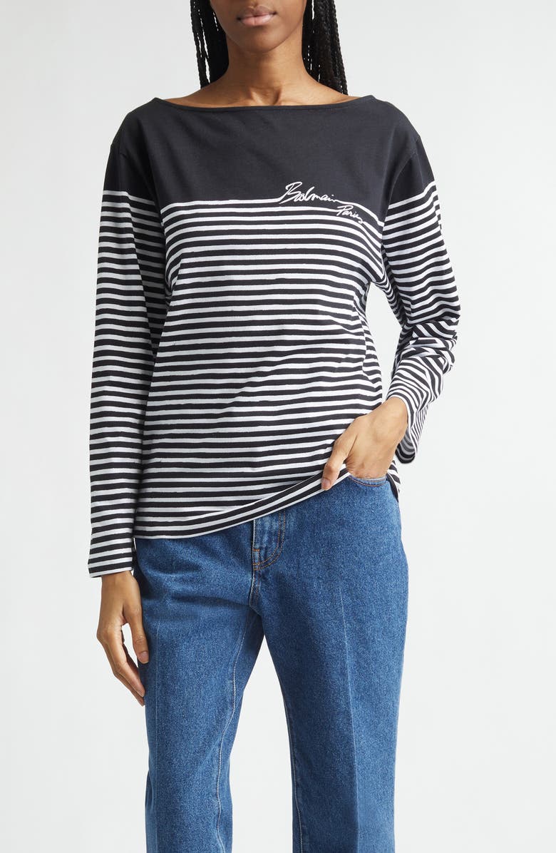 Balmain Paris Logo Marinière Stripe Cotton T-Shirt, Main, color, Eab Blk/ White