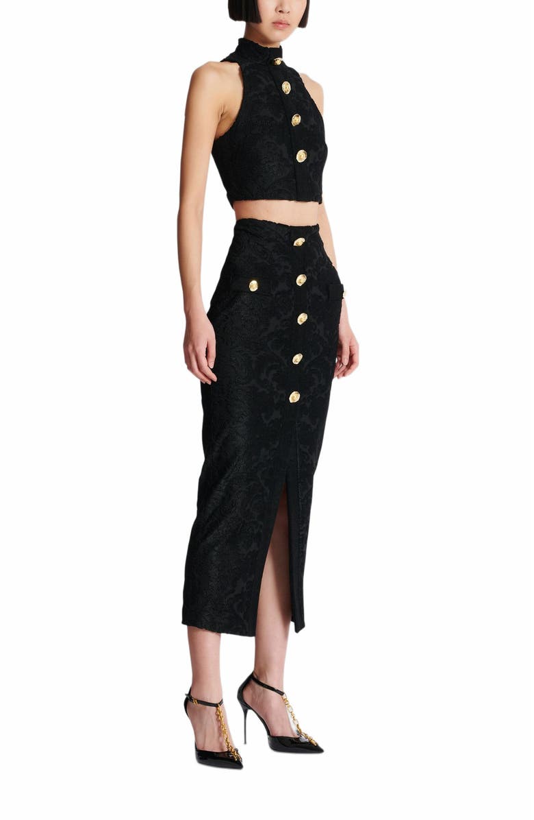 Balmain Baroque Pattern Midi Skirt, Main, color, Black
