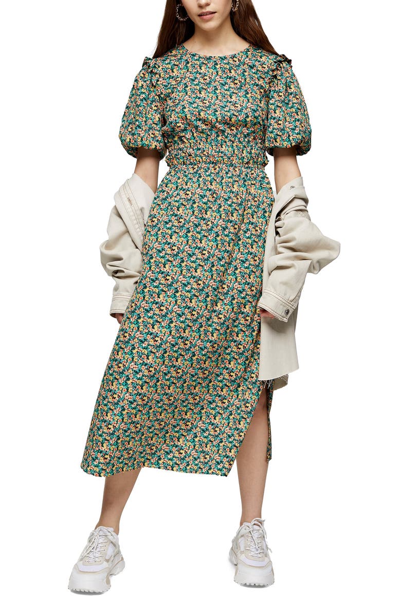 Floral Open Back Midi Dress, Main, color, GREEN MULTI