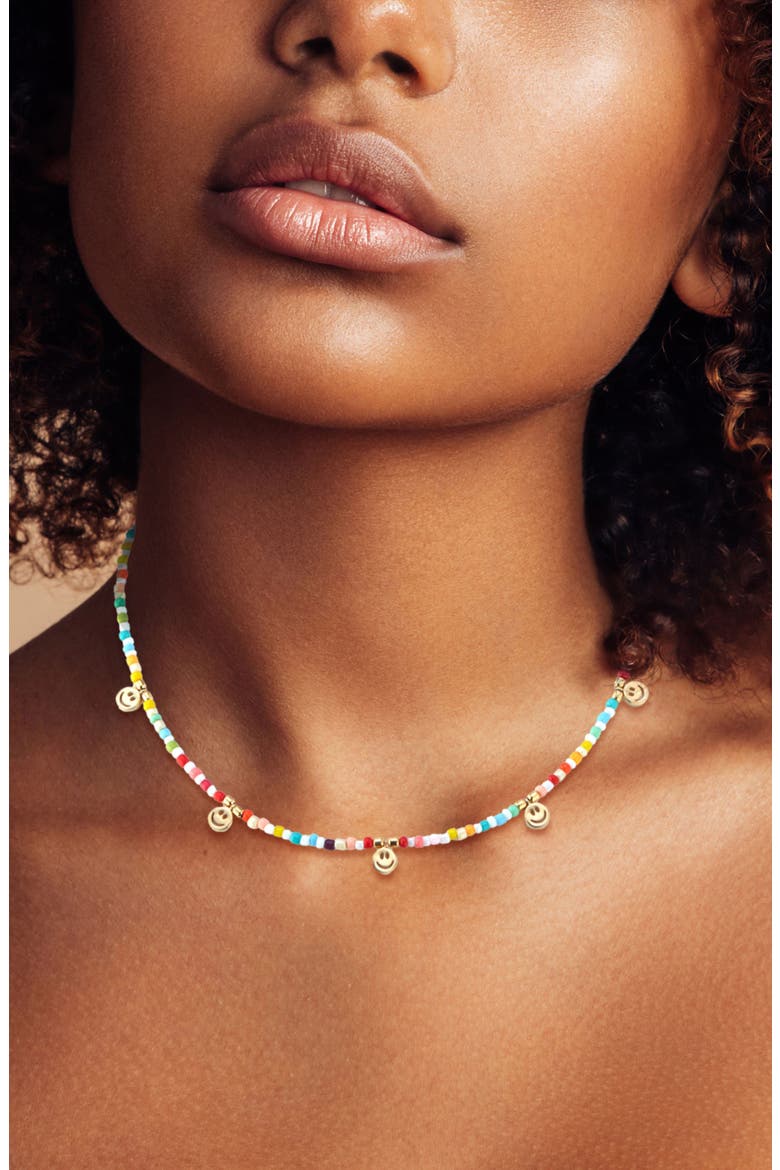 Smiley Face Charm Beaded Choker Necklace, Alternate, color, GOLD