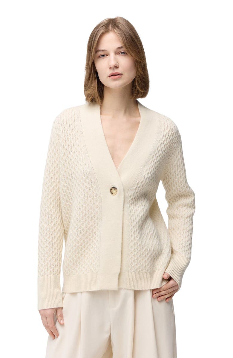 GOBI Mongolian Cashmere Textured One Button-Front Cashmere Cardigan, Alternate, color, Off White