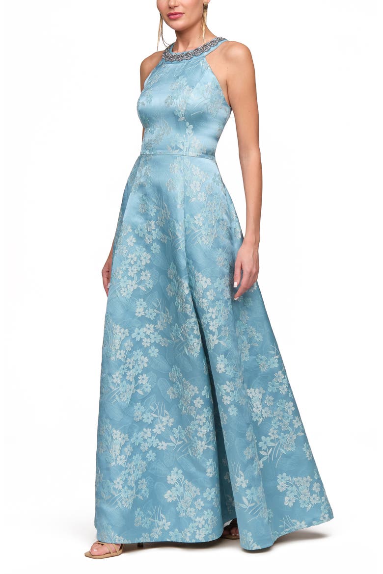 Donatella Floral Jacquard Gown, Alternate, color, ADRIATIC BLUE