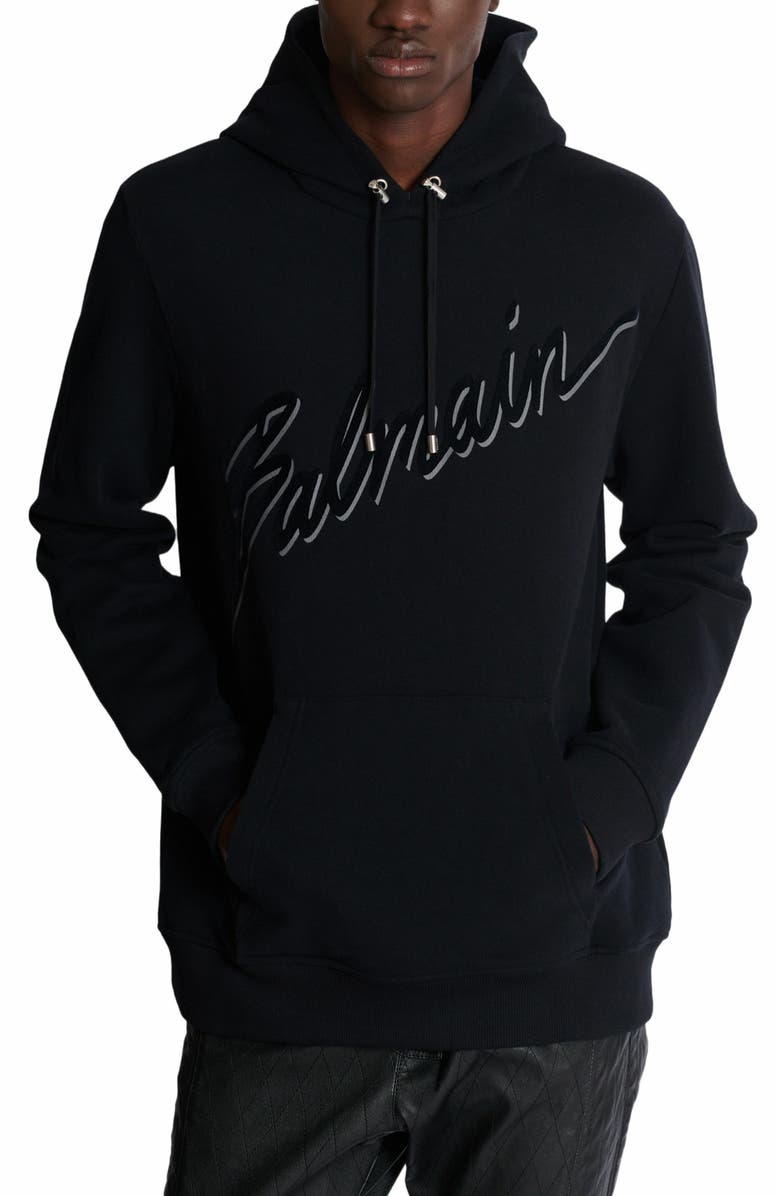 Balmain Flocked Balmain Letter Hoodie, Alternate, color, Black