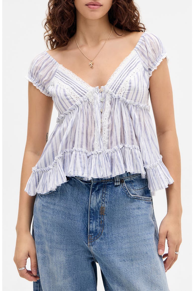 Lace Trim Babydoll Top, Main, color, BLUE STRIPE