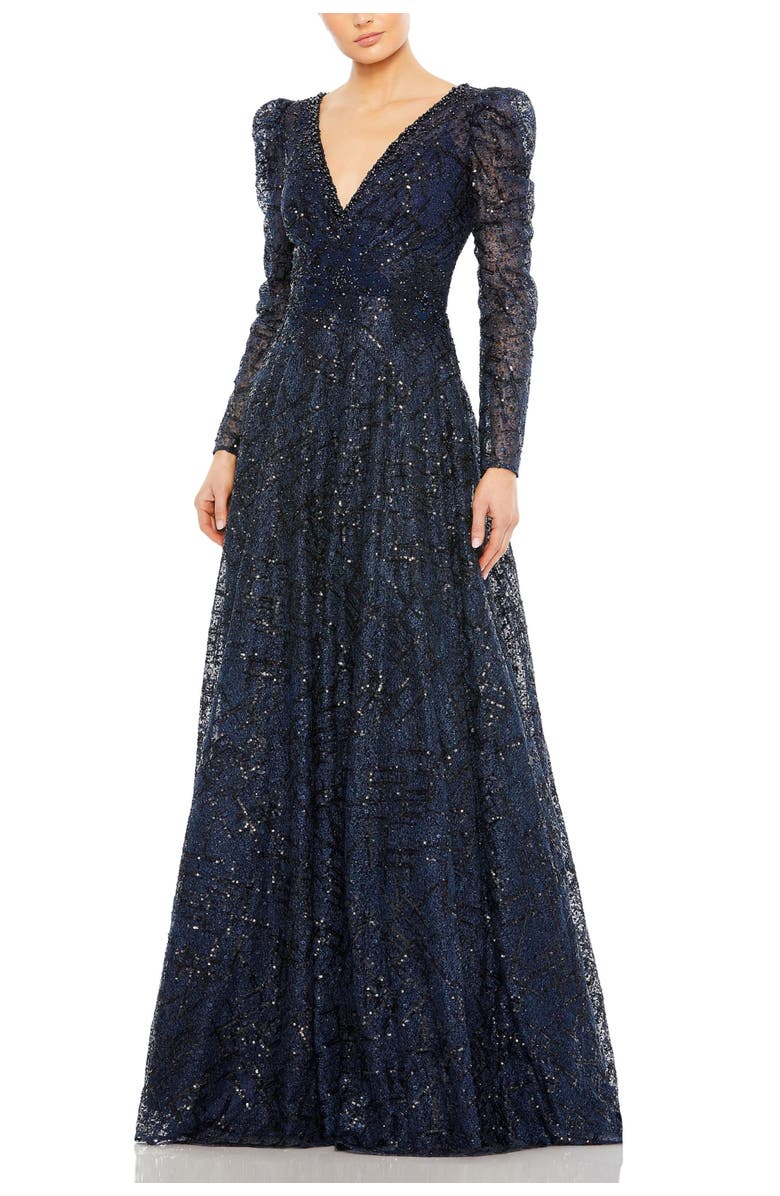 Mac Duggal Embellished V Neck Long Sleeve A Line Gown, Main, color, 