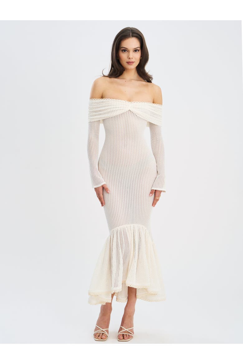 Kaedyn Off Shoulder Long Sleeve Crochet Mermaid Maxi Dress, Alternate, color, Beige