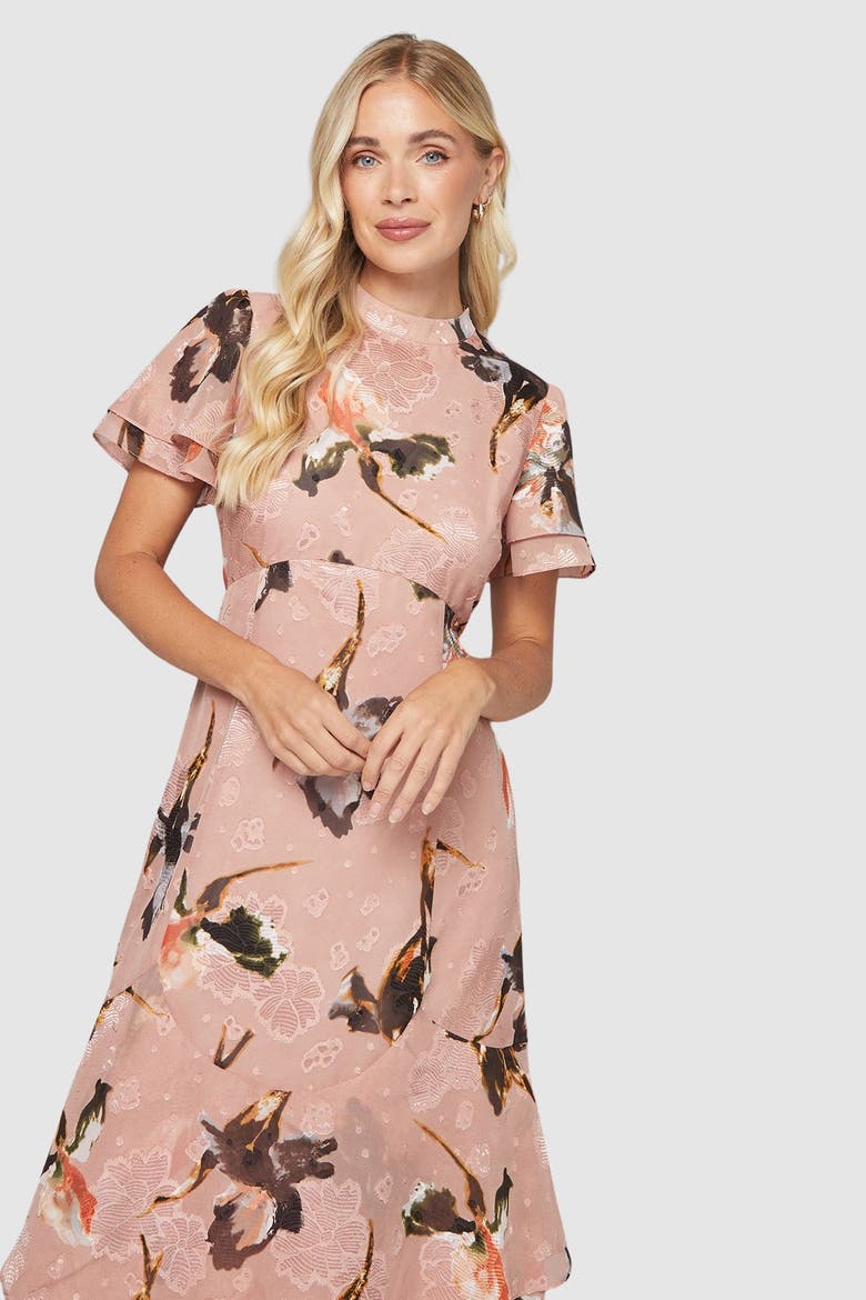 Petite Floral Burn Out Ruffle Midi Dress, Alternate, color, Blush