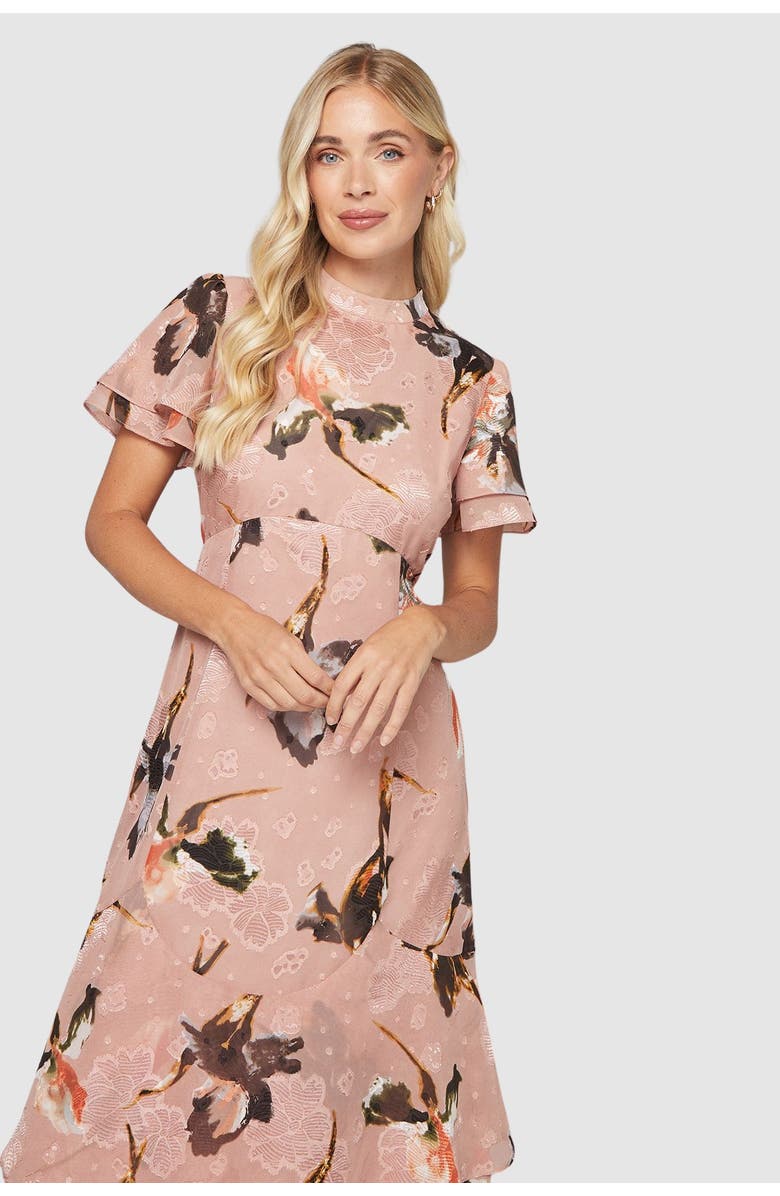 Wallis Petite Floral Burn Out Ruffle Midi Dress, Alternate, color, Blush