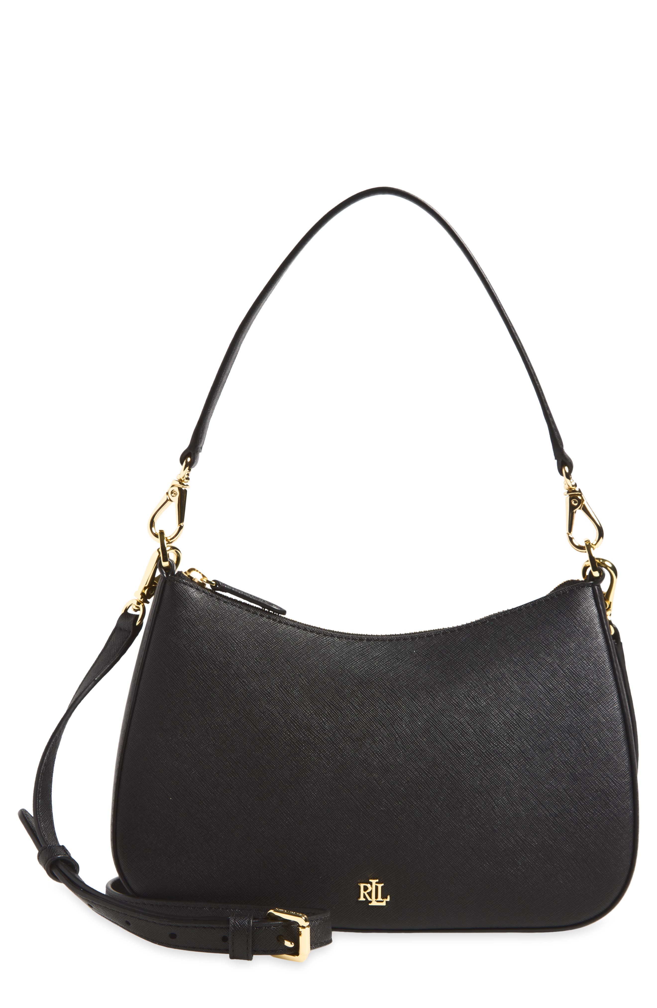Leather Shoulder Bag, Main, color, BLACK
