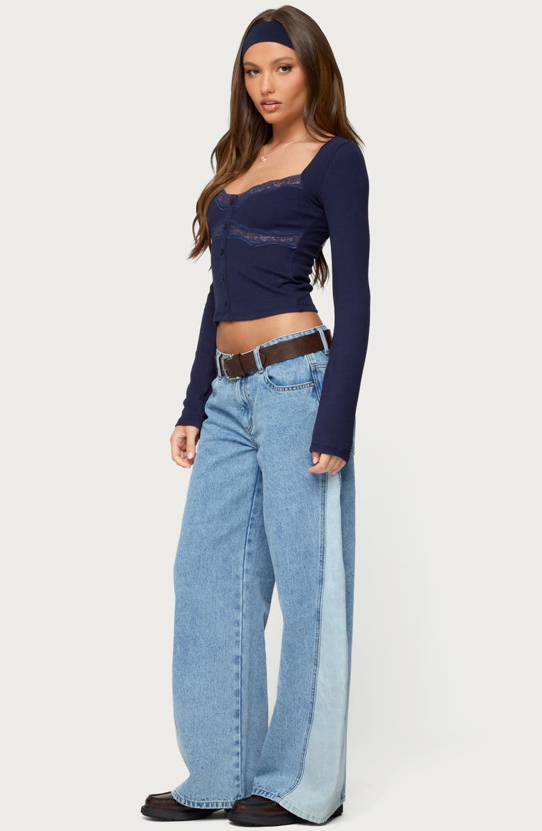 EDIKTED Kathi Lace Trim Long Sleeve Button-Up Shirt, Alternate, color, Navy