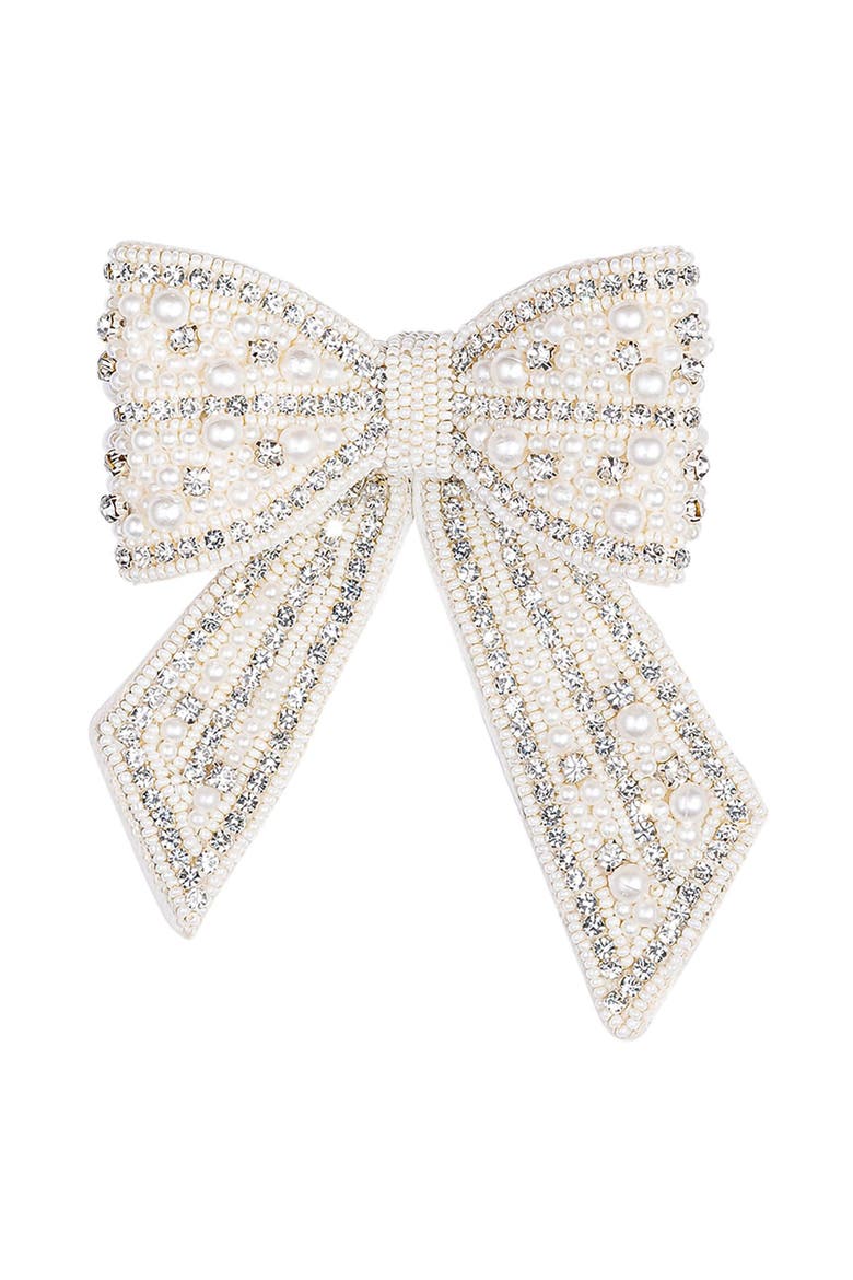Embellished Crystal & Pearl Hair Bow Barrette Clip - Silver, Alternate, color, Ivory