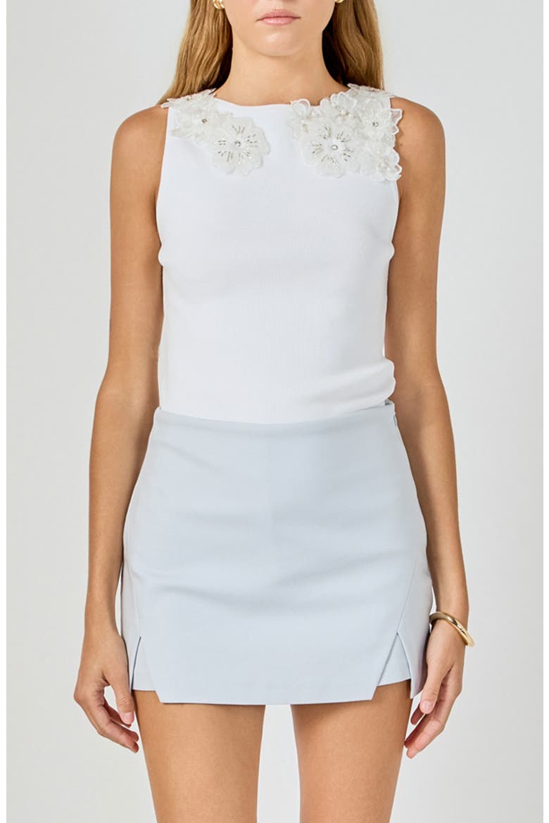 Flower Trim Sleeveless Rib Top, Main, color, WHITE