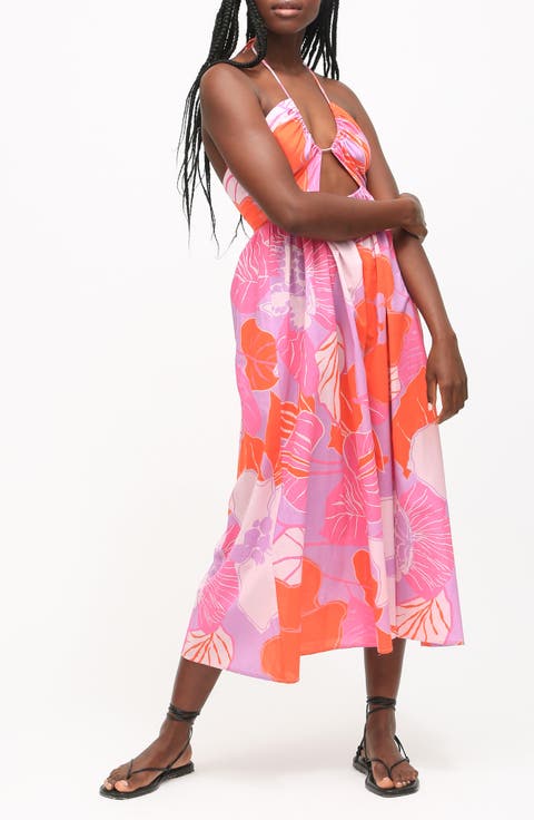 Ingrid Floral Cotton Midi Halter Dress