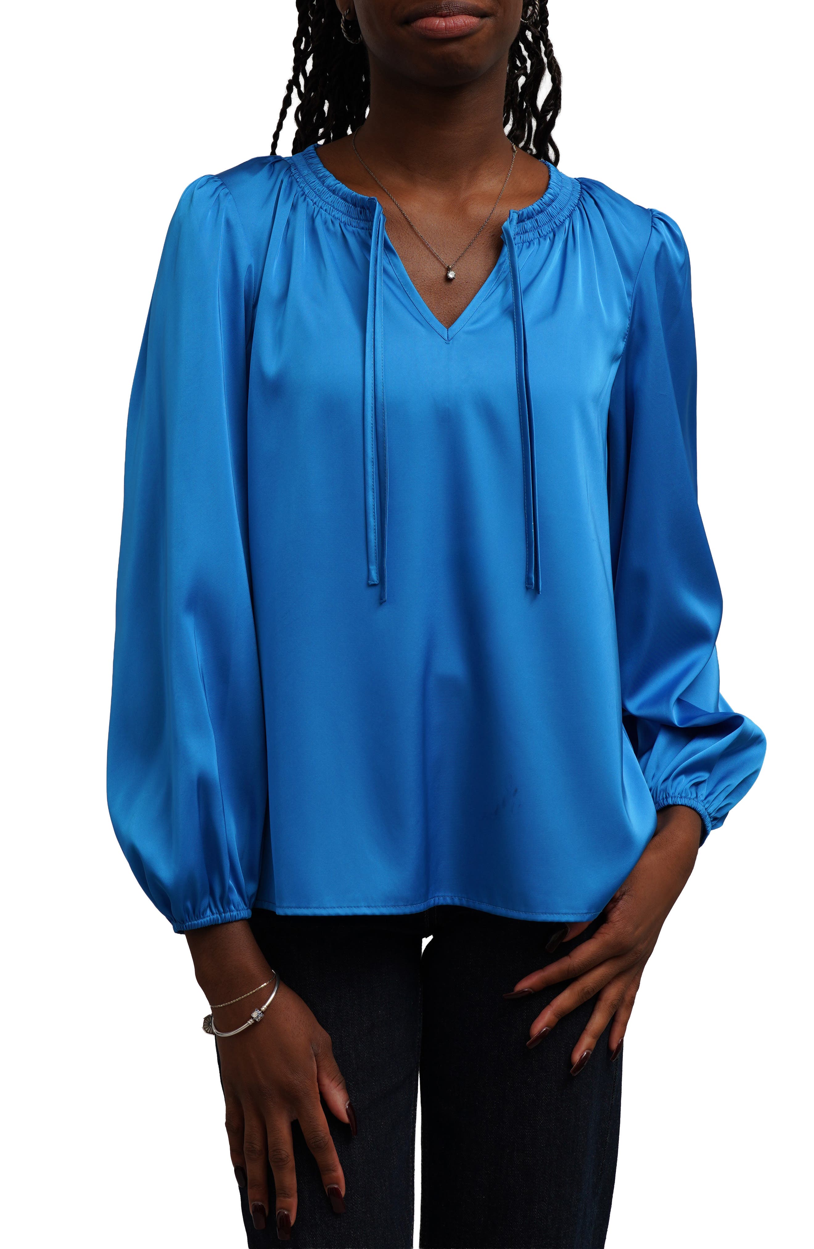 Tie Neck Balloon Sleeve Blouse