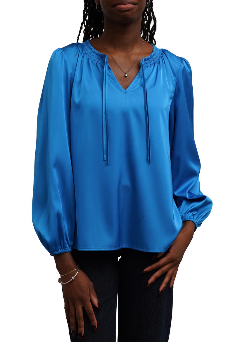 Tie Neck Balloon Sleeve Blouse, Main, color, COBALT