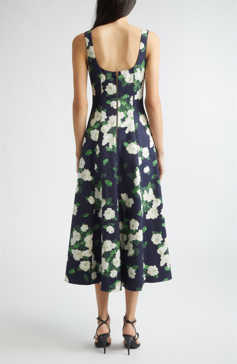 Carolina Herrera Rose Print Square Neck Sleeveless Midi Dress, Alternate, color, Midnight Multi