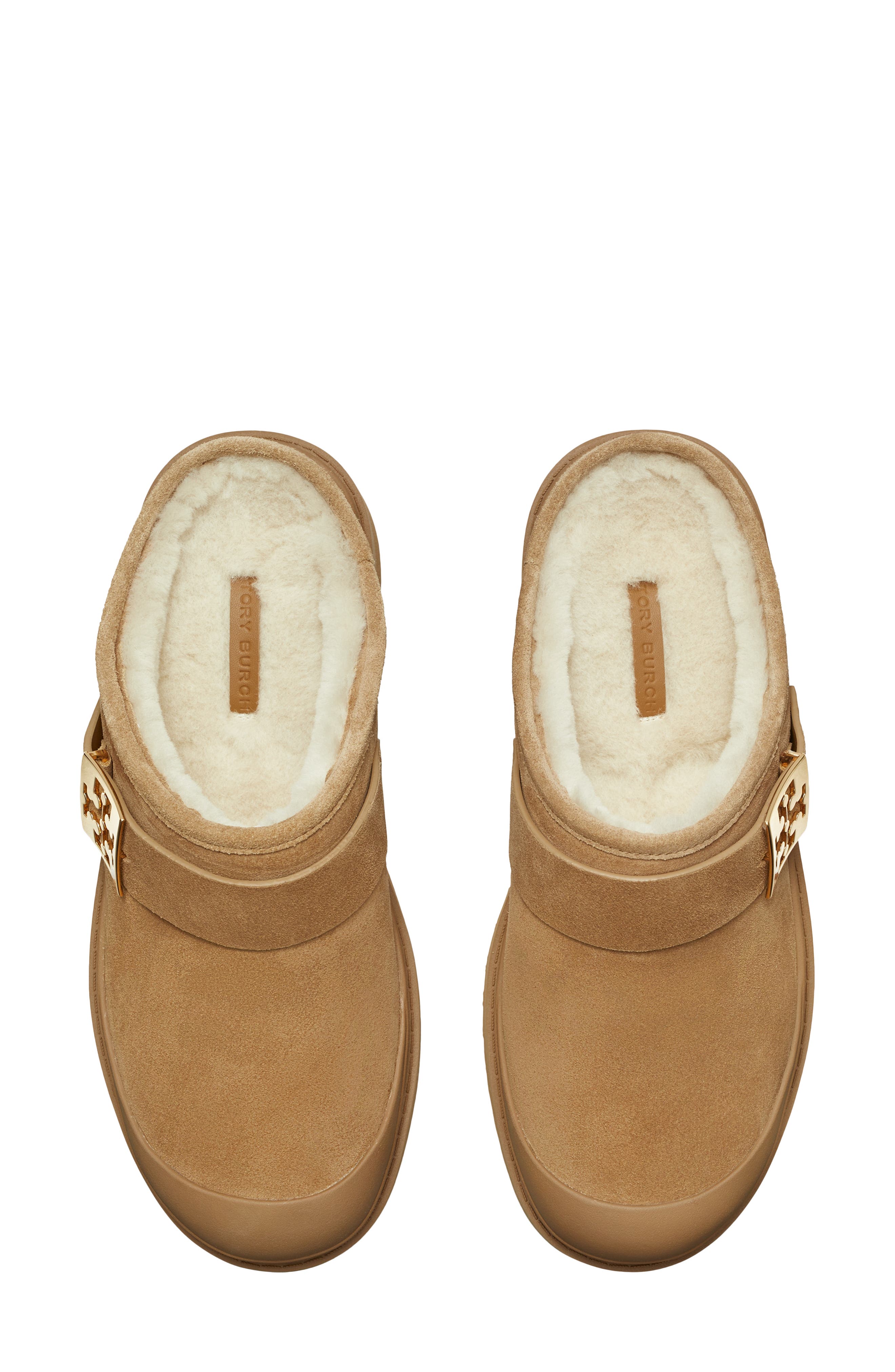 Tory Burch Genuine Shearling Platform Mule, Alternate, color, Light Chestnut / Gold