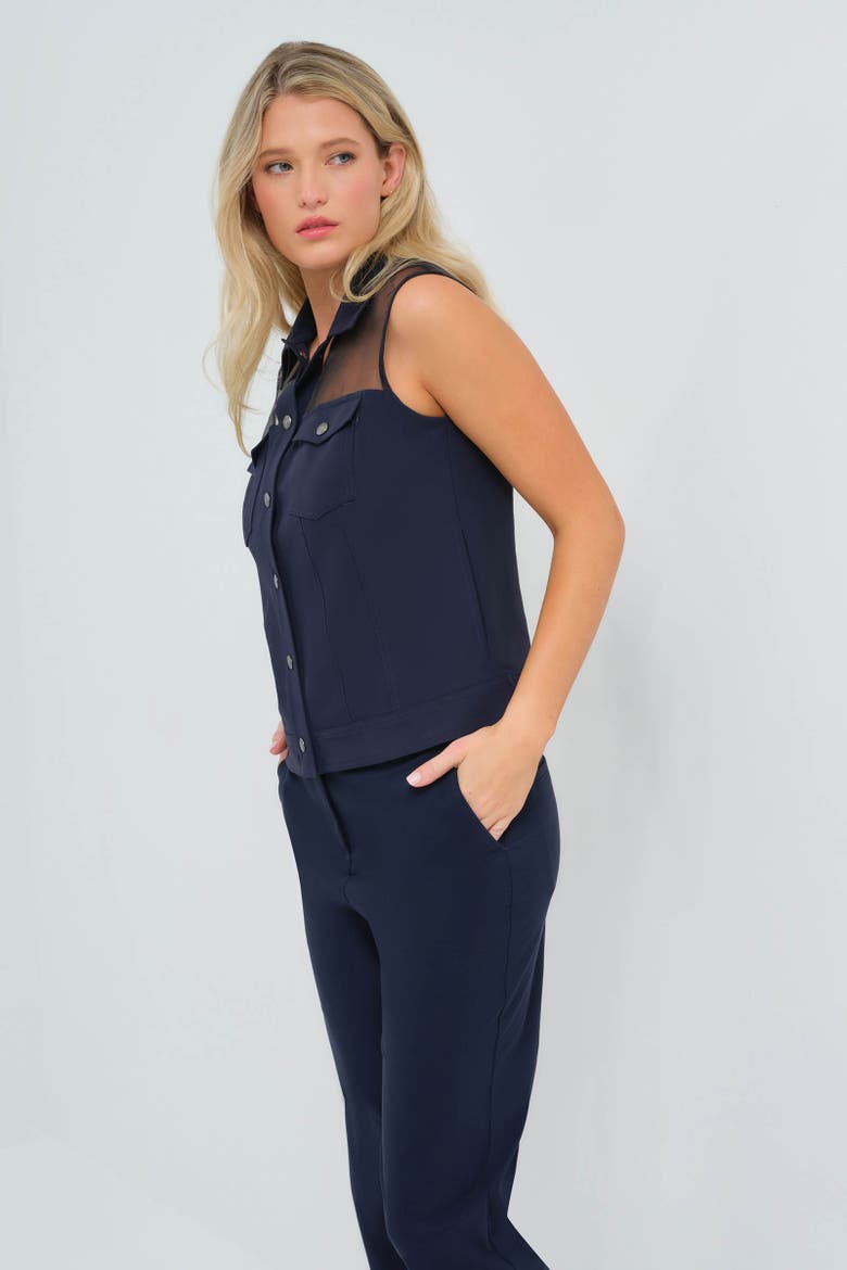 Lenox Organza & Performance Twill Sleeveless Trucker Vest, Alternate, color, Navy