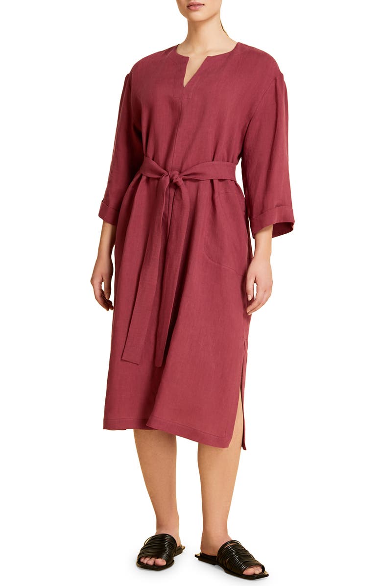 Marina Rinaldi Doriana Belted Linen Midi Dress, Main, color,