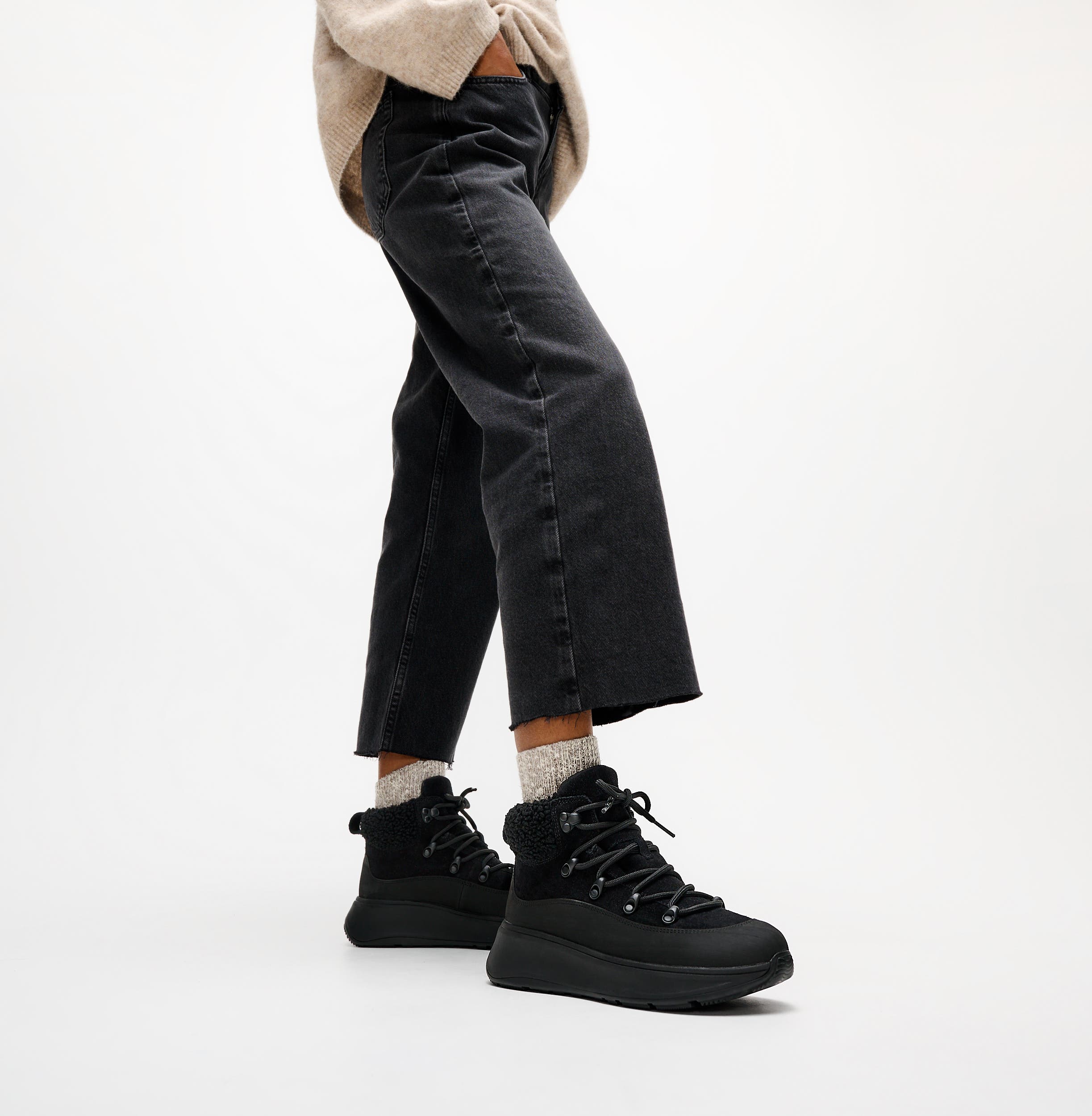 FitFlop F Mode Teddy Collar Booties, Alternate, color, All Black