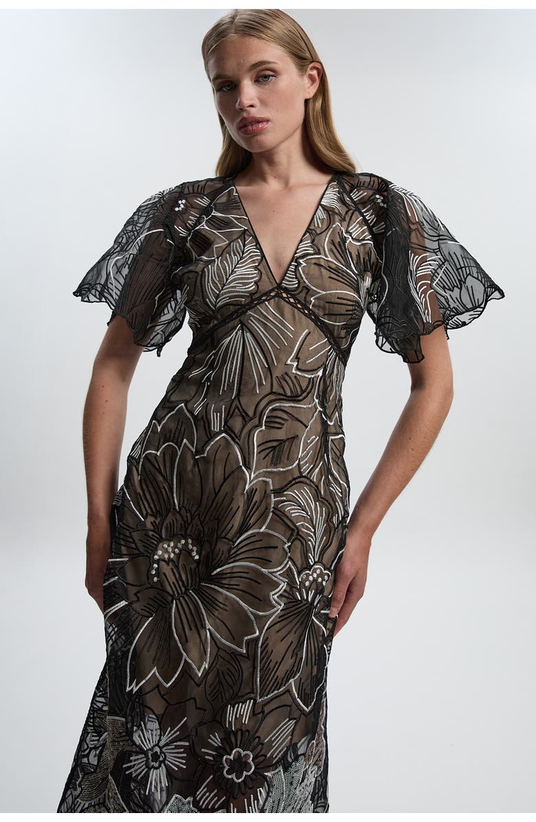 Karen Millen Sequin Organdie Woven Maxi Dress, Alternate, color, Mono