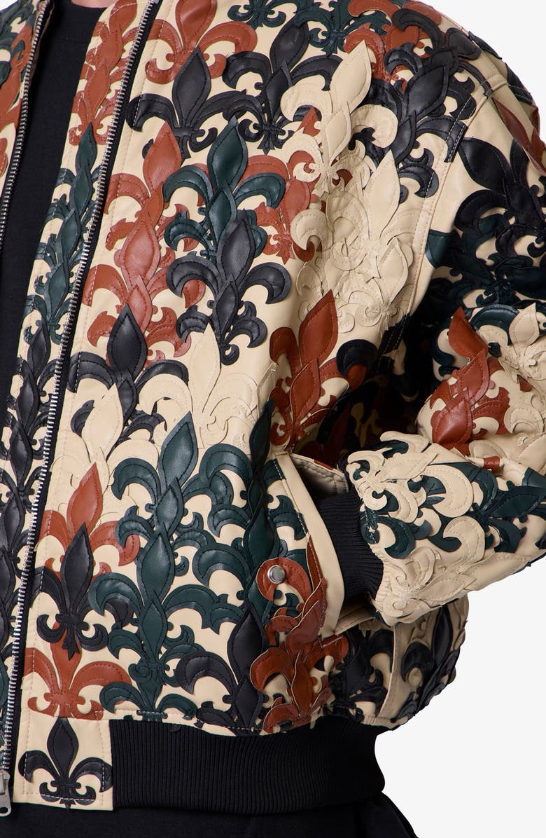 mnml Fleur de Lis Faux Leather Bomber Jacket, Alternate, color, Beige Multi