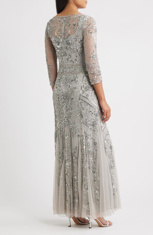 Pisarro Nights Beaded Chiffon Column Gown In Silver