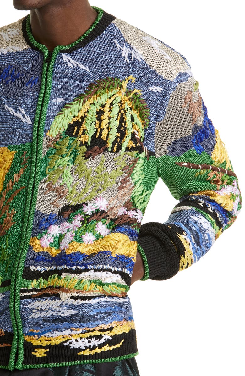 Saint Laurent Teddy Embroidered Tropical Jacquard Sweater Jacket, Alternate, color,