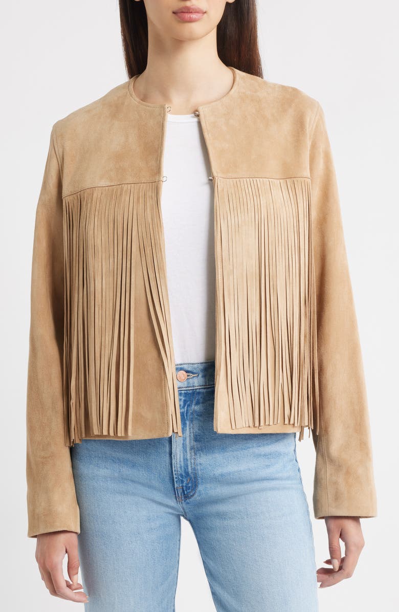 Fleurette Chloe Suede Fringe Jacket, Alternate, color, Camel