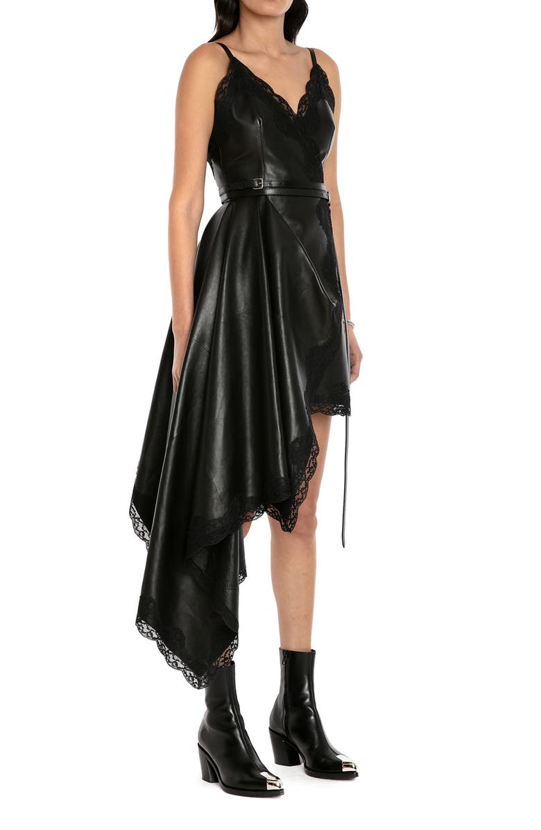 McQueen Asymmetric Leather & Lace Minidress, Alternate, color, 