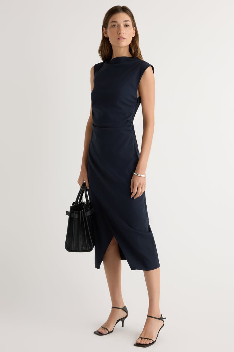 Manon Asymmetric-Neck Ruched Dress, Alternate, color, Navy