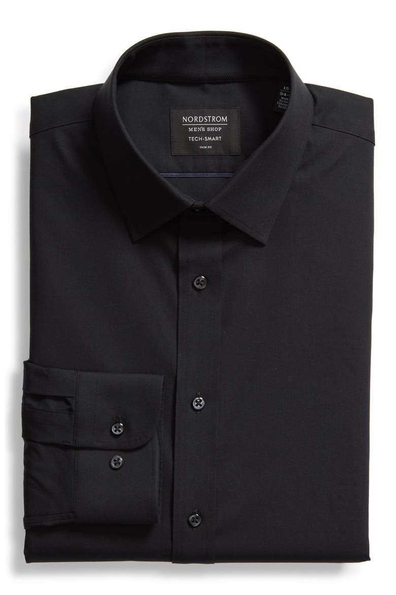 Tech-Smart Trim Fit Stretch Pinpoint Dress Shirt, Alternate, color, BLACK ROCK