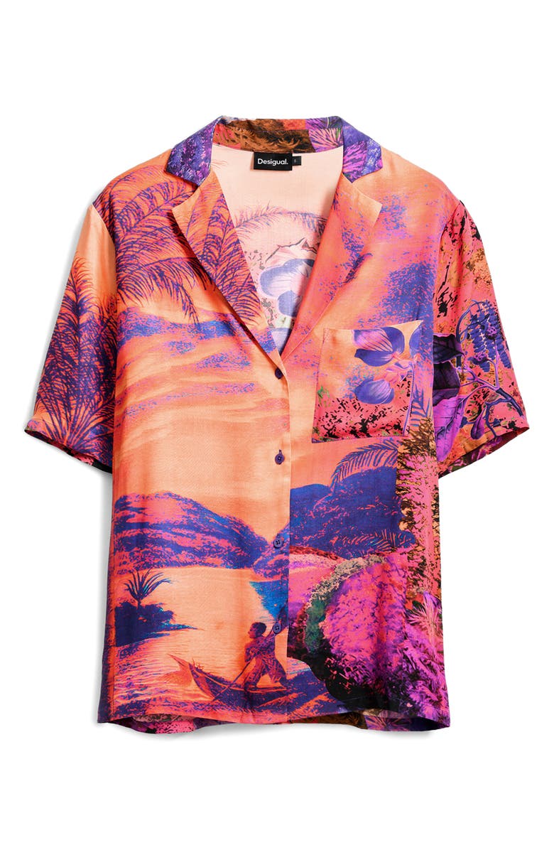 Desigual Tropical Print Camp Shirt, Alternate, color, Dark Pink