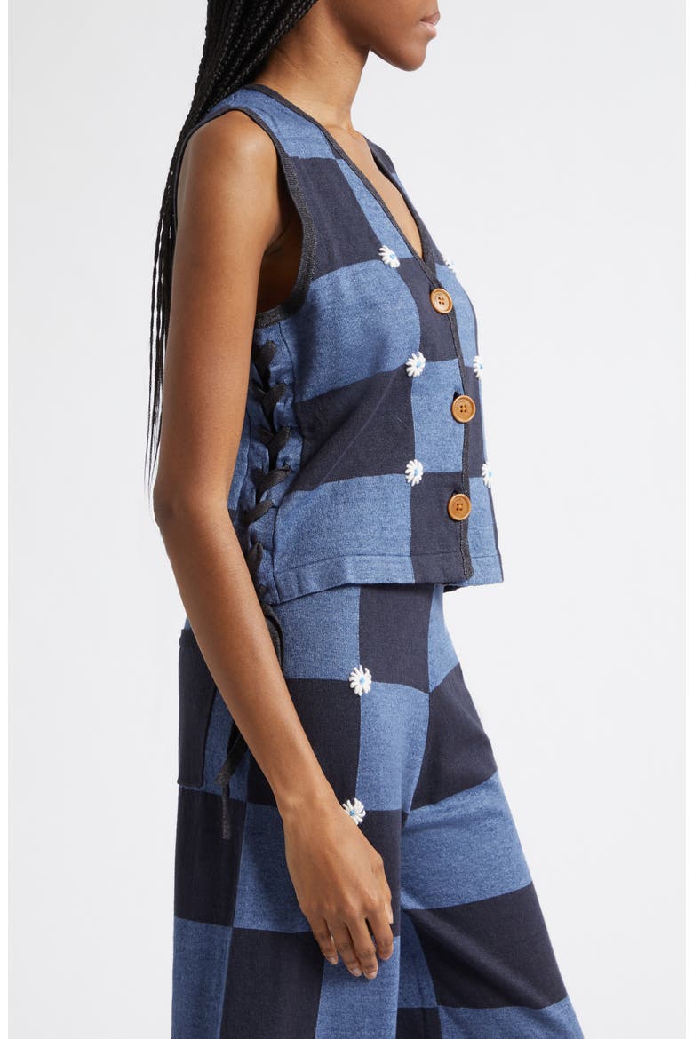 Daisy Intarsia Check Linen Blend Vest, Alternate, color, DENIM