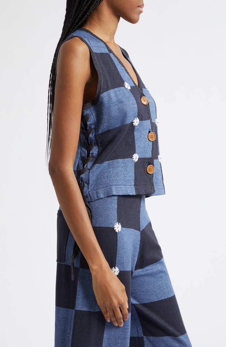 YanYan Daisy Intarsia Check Linen Blend Vest, Alternate, color, Denim