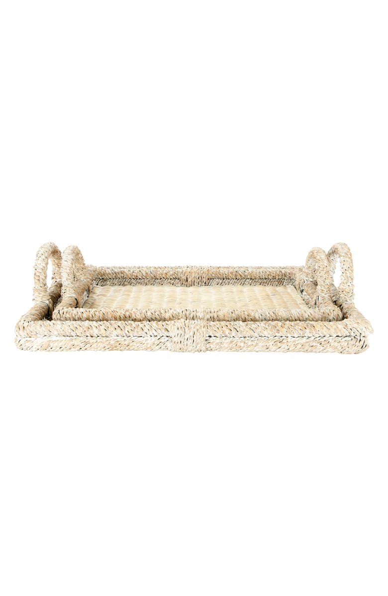 Storied Home Decorative Rattan Trays with Handles & Whitewashed Finish, Main, color, White