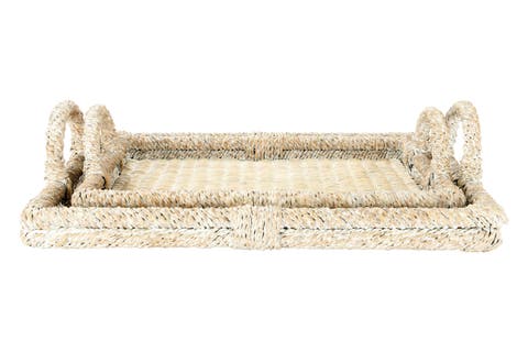 Decorative Rattan Trays with Handles & Whitewashed Finish (Set of 2 Sizes)