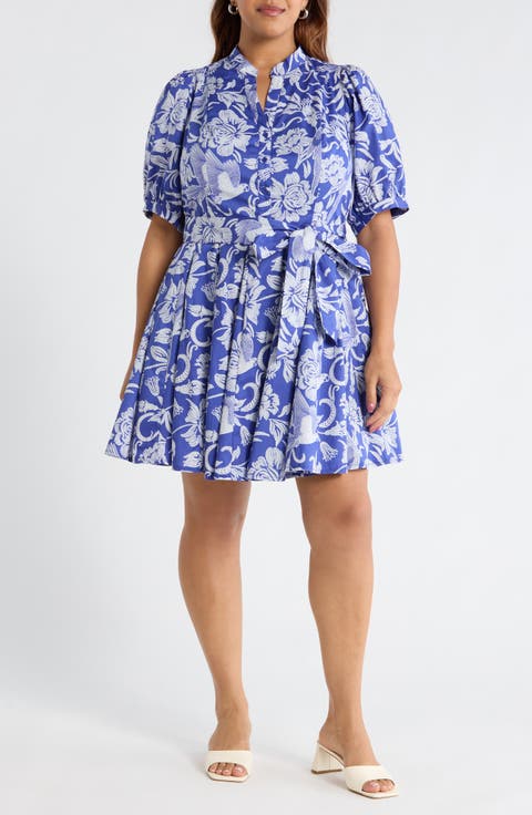 Floral Puff Sleeve Pleated Cotton Shirtdress (Plus)