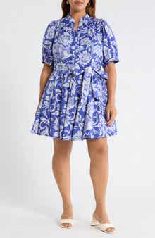 Floral Puff Sleeve Pleated Cotton Shirtdress