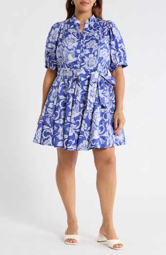 Floral Puff Sleeve Pleated Cotton Shirtdress