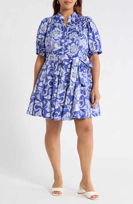 Floral Puff Sleeve Pleated Cotton Shirtdress