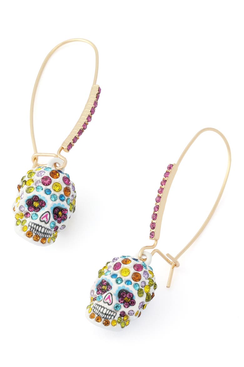 Sugar Skull Shepard Hook Drop Earrings, Alternate, color, GOLD/ MULTI