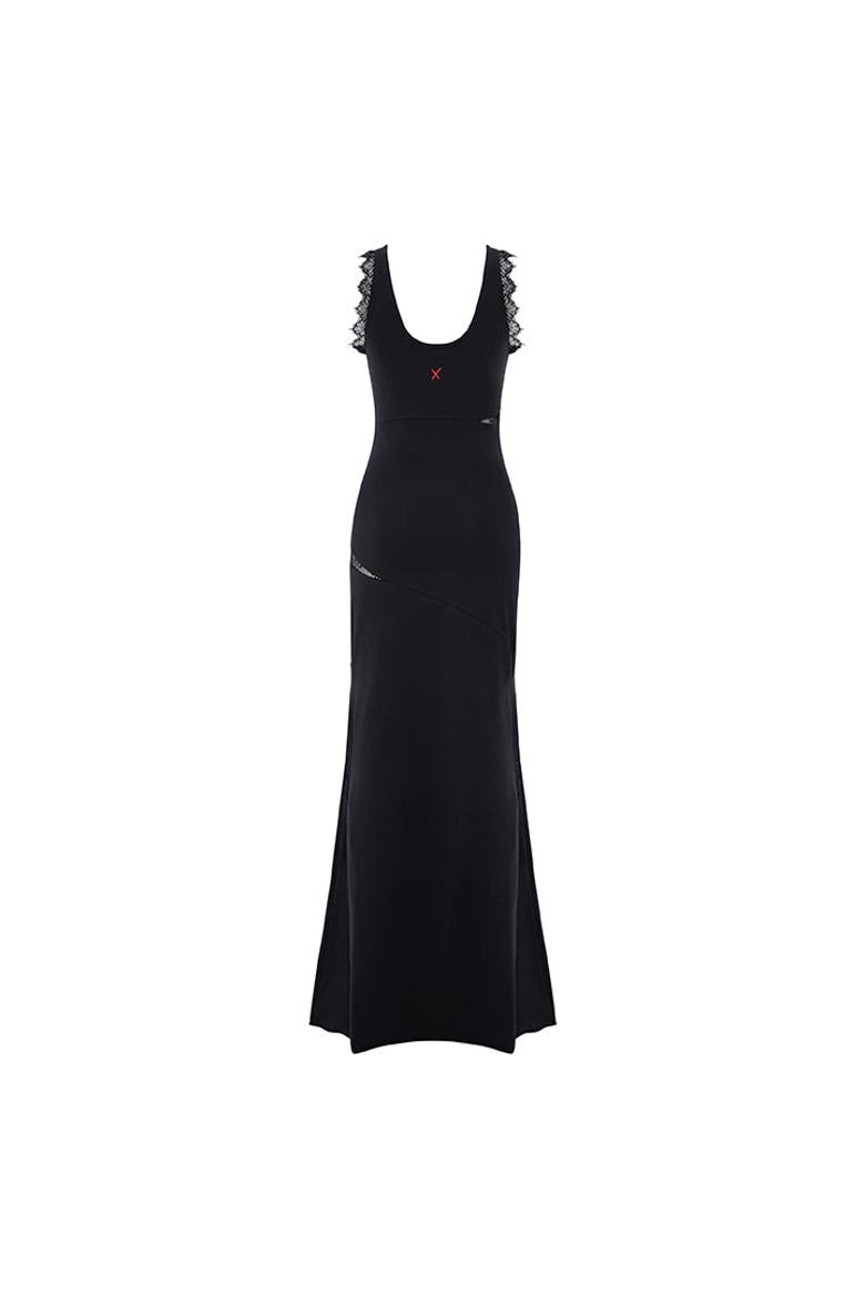Cotton Long Fitted Black Dress With Straps, Alternate, color, BLACK