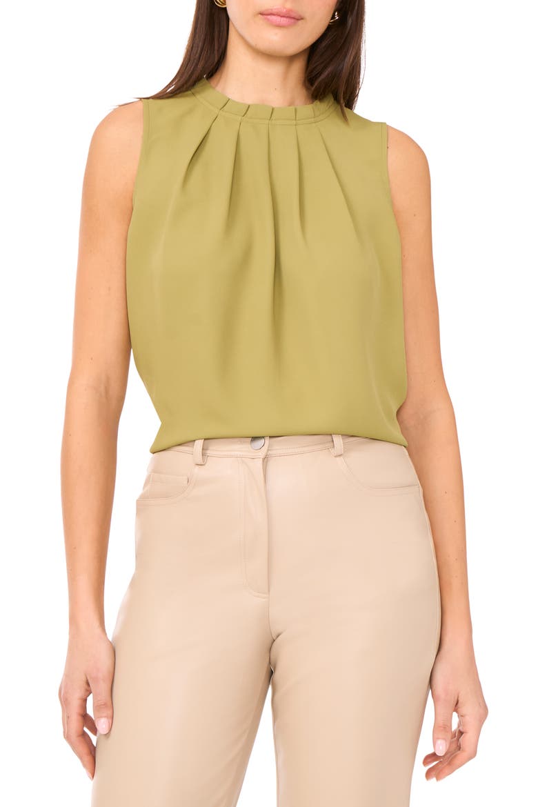 Pleated Mock Neck Woven Top, Main, color, MOSS GREEN
