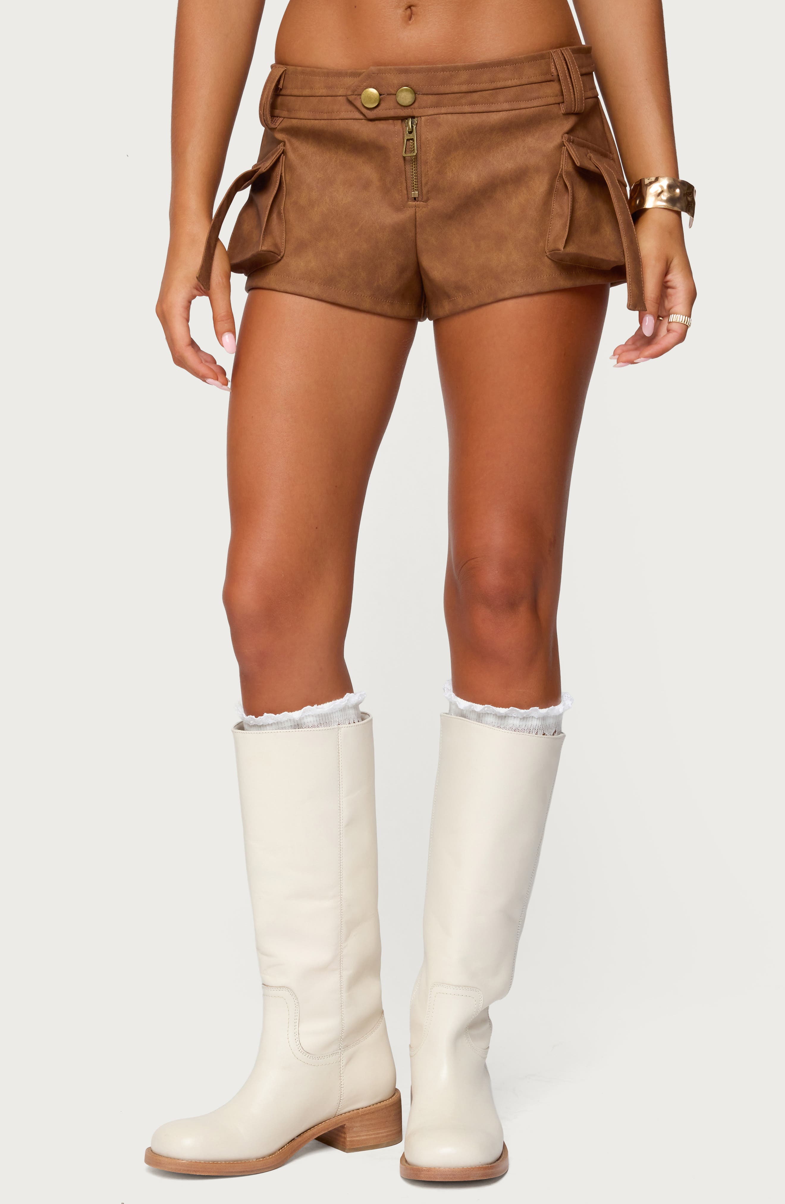 Washed Faux Leather Micro Cargo Shorts