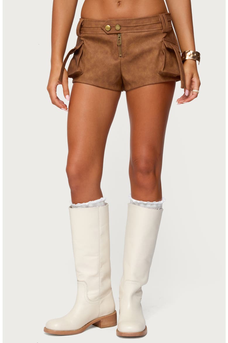 Washed Faux Leather Micro Cargo Shorts, Main, color, TAN